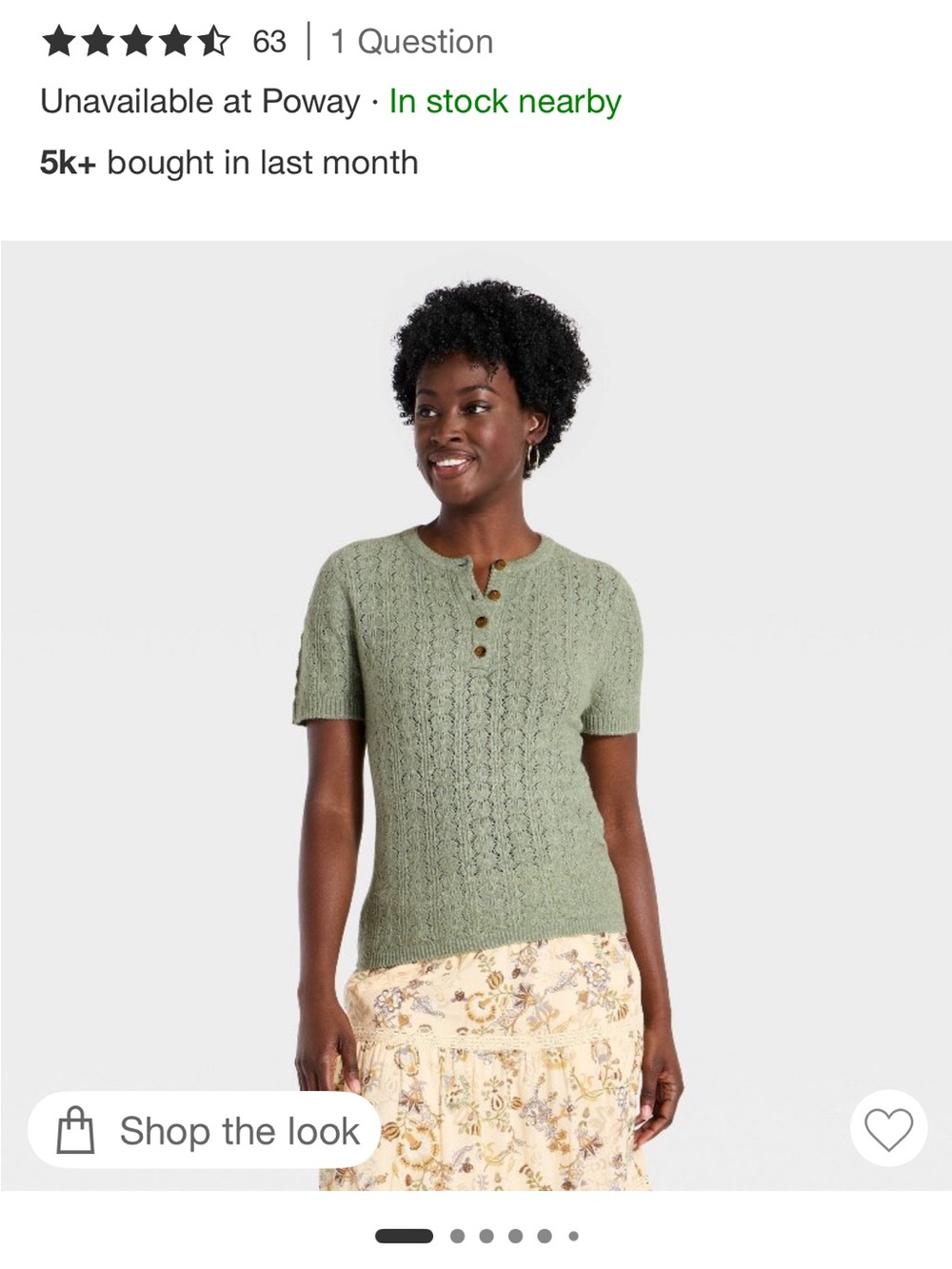 Short-Sleeve Heirloom Henley Pullover Sweater Heather Green NWT